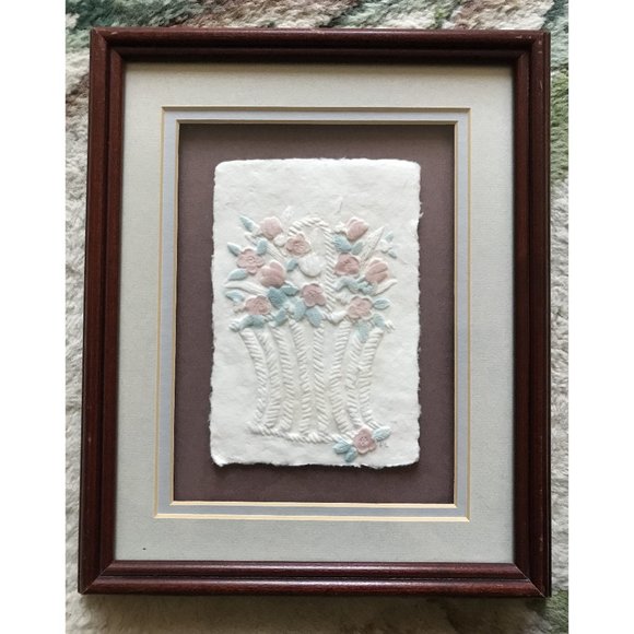 Flower Basket - Vintage Framed Hand Cast Paper Artwork - Figi Graphics - Signed - Picture 1 of 9